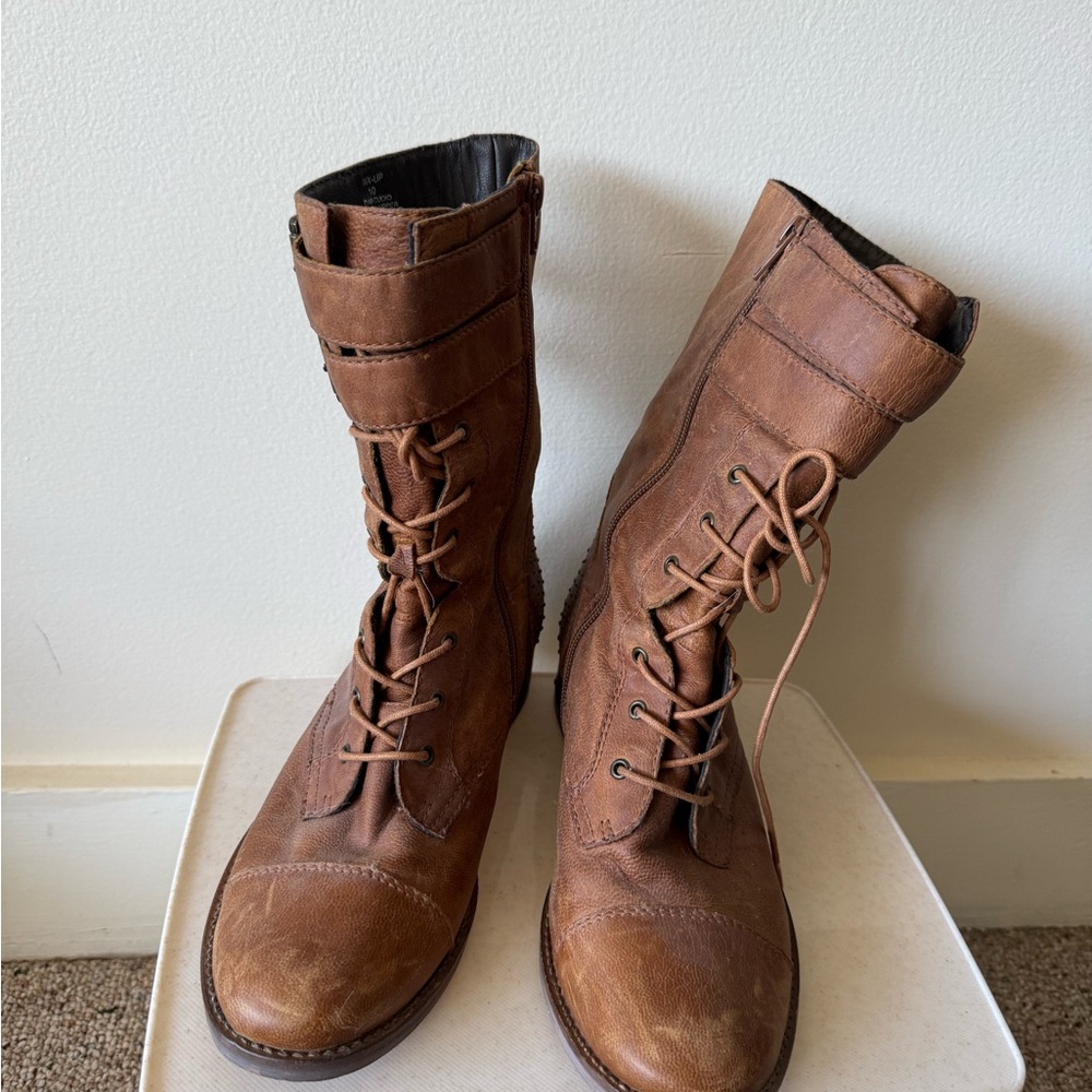 Steve Madden Cognac Leather Lace-Up Combat Boots